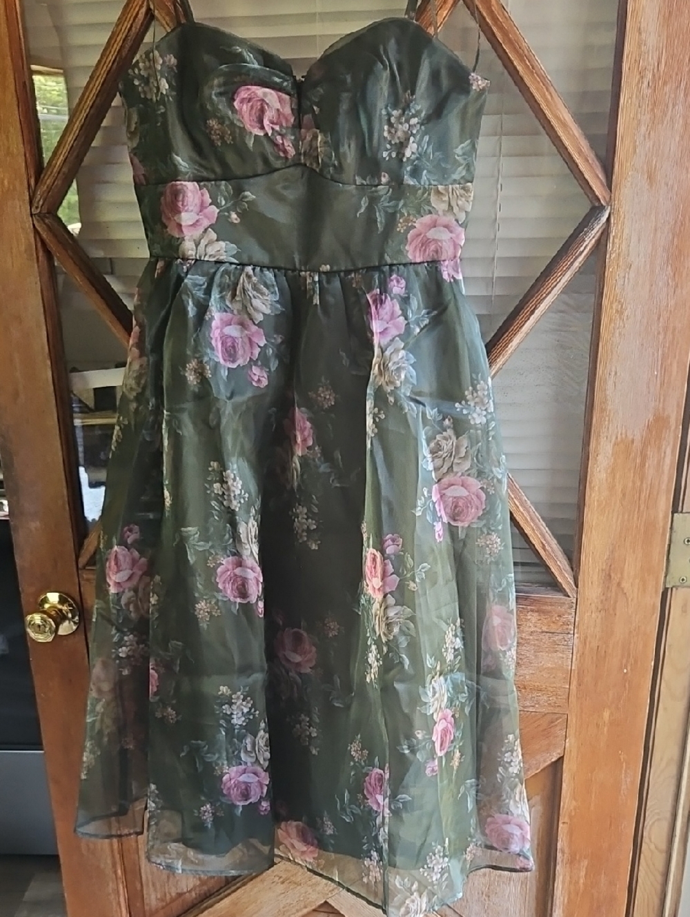 Francesca's Collections Olive Green Floral Strapless Party Dress with Pink Roses